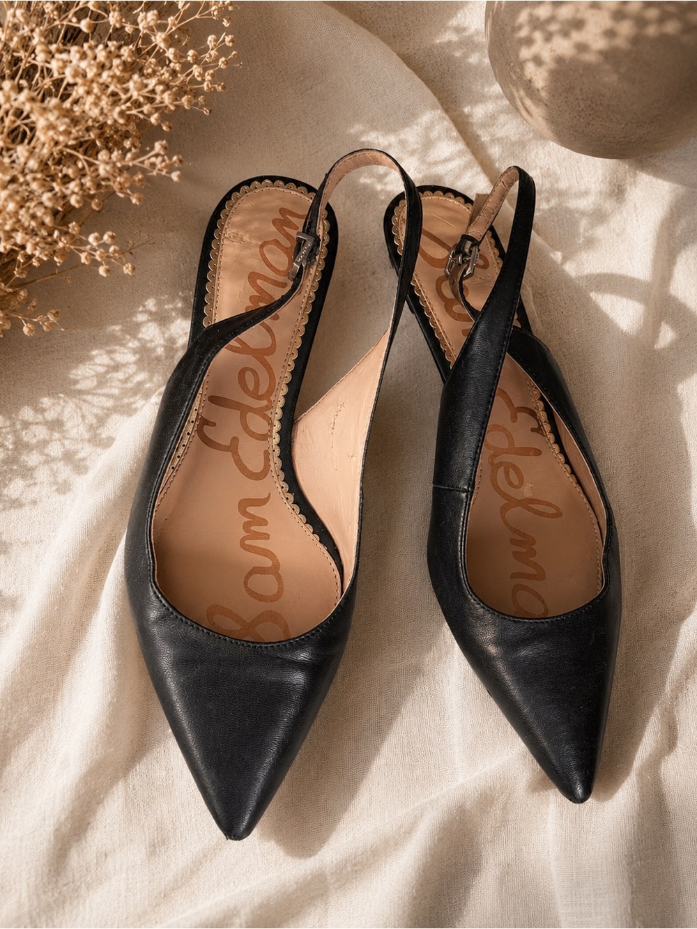 Sam Edelman Black Leather Pointed Toe Slingback Kitten Heels Size 7